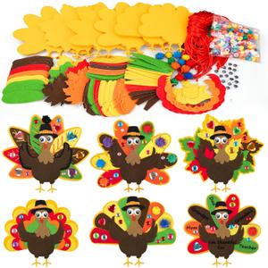 24 PCS Thanksgiving Turkey Craft Kit for Kids DIY Thanksgiving Turkey Necklace Crafts Colorful Turkeys Felt Stickers DIY Ornaments Decorations for Kids Party Favors Home Classroom Activities