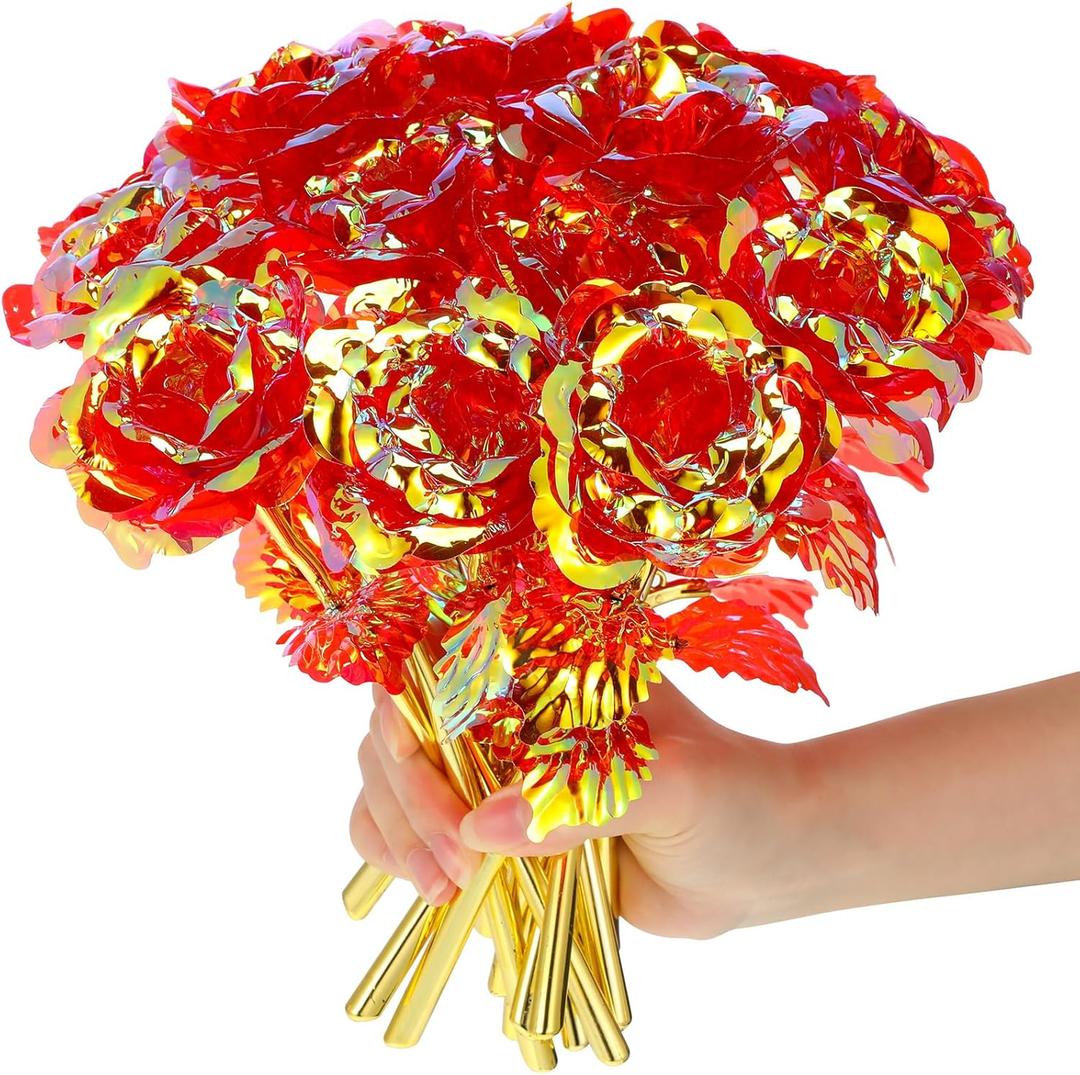 Lyrow 24 Pcs Galaxy Rose Flowers Valentine's Day Gift Flowers with Stems Gift for Her Forever Preserved 24k Fake Crystal Rose for Mother's Day Birthday Wedding Decor, 10'' (Red)