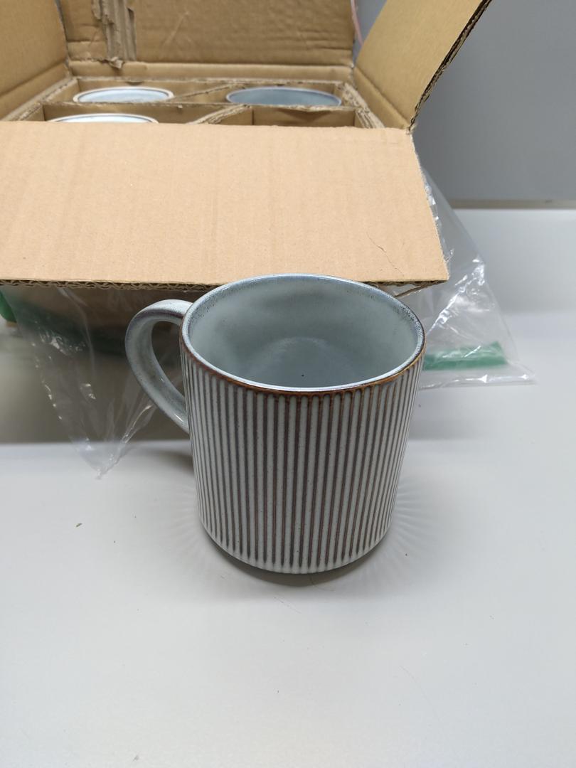 MONITO 16Oz Coffee Mugs Set of 4, Rustic Ceramic Coffee Cups Set with Large Handle, Vintage Striped Stoneware Coffee Mugs for Latte, Cocoa, Tea, Milk, Microwave & Dishwasher Safe, Smoky Blue