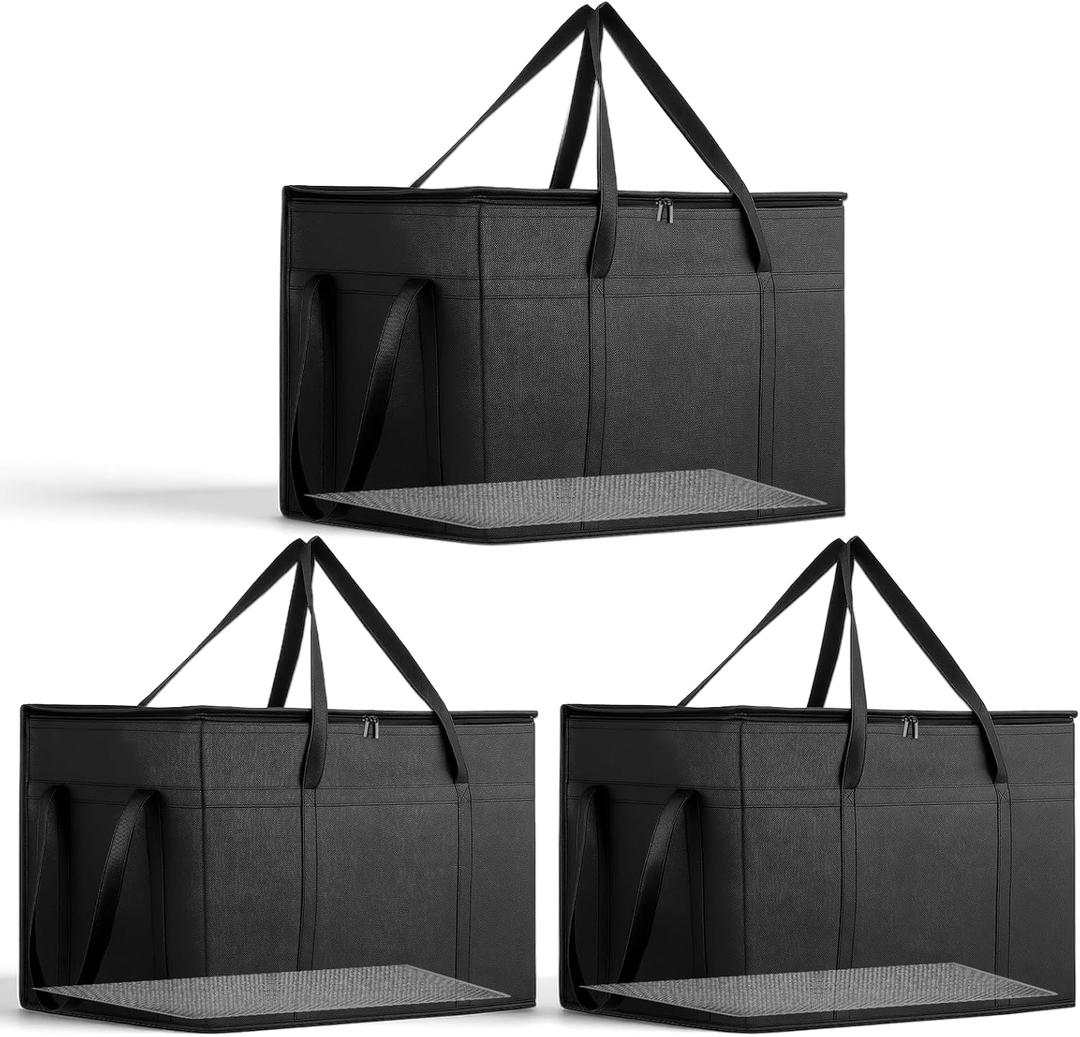3 Pack Large Insulated Food Delivery Bag with hard bottom XXXL Large Reusable Thermal Cooler Grocery Tote Bag Thermal Cold/Hot Styrofoam Carrier for Shopping/Travel, Black