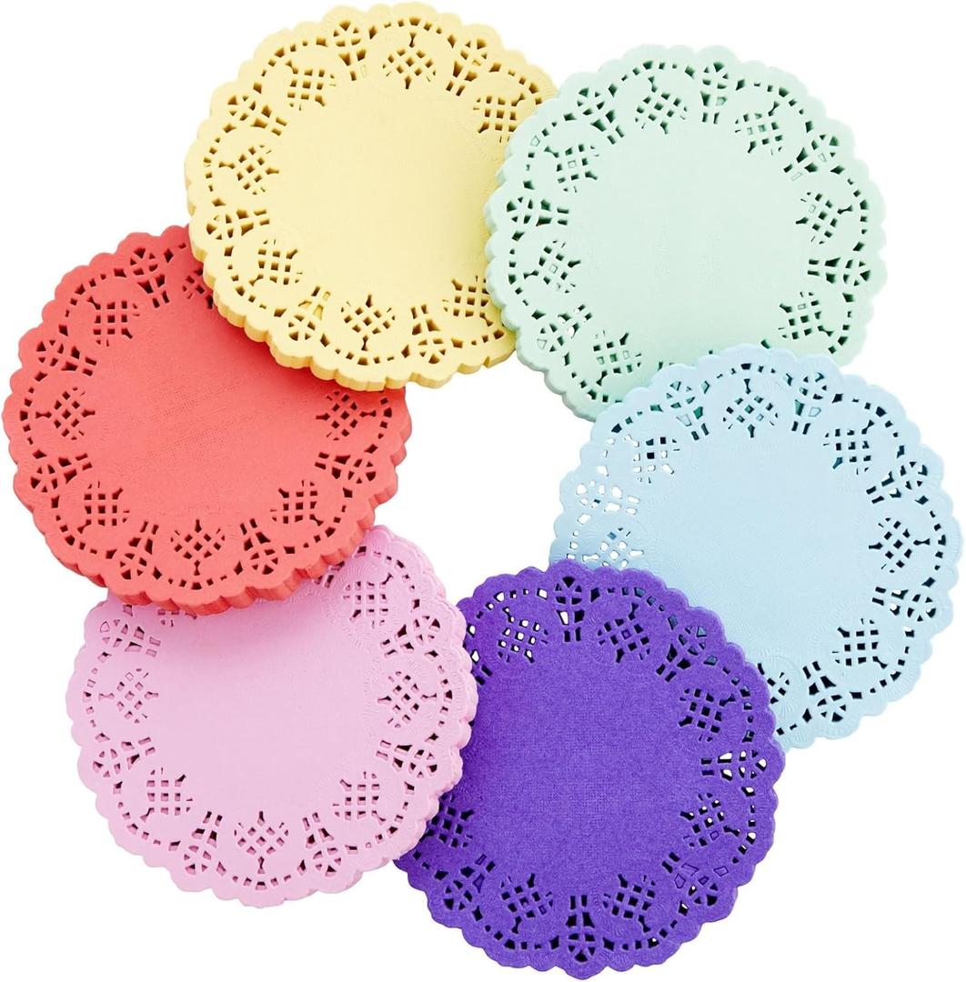 Juvale 600 Pack Mini Paper Doilies for Tables, Dining Table Decor - Round Decorative Medallion Lace Placemats for Birthday Party (4.5 in, 6 Colors)