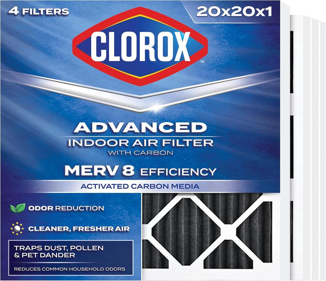 Clorox 20x20x1 Air Filter, MERV 8 with Carbon, Reduces Pet Smells, Cooking Smells and More, Pleated HVAC AC Furnace Filter, 4-Pack (Actual Size 19.75 x 19.75 x 0.75), Made in USA