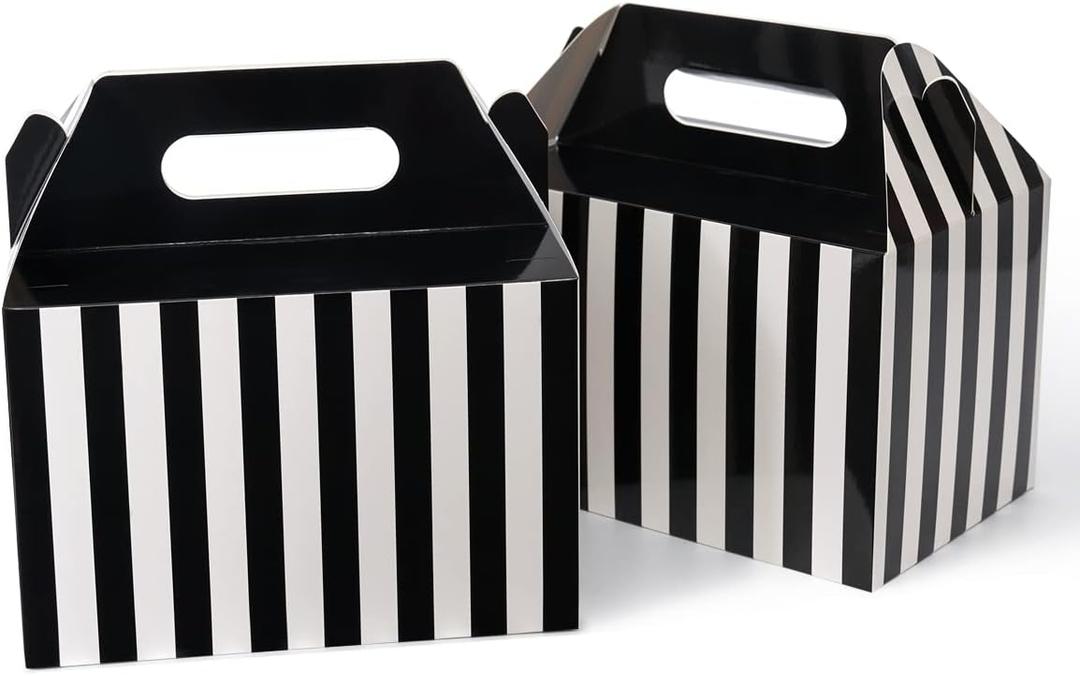 Happyhiram 30 Pcs Large Treat Boxes with Handles Black and White Stripes, 9x6x6 Gable Gift Boxes Barn Carry Out Box Recyclable Paper Packaging for Graduation Lunch (Pop-up Black)