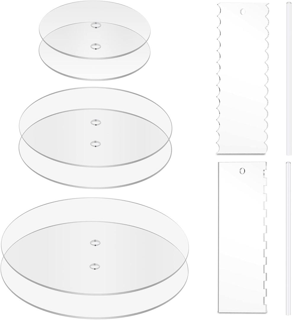 Acrylic Round Cake Discs Set 6.25, 8.25, 10.25 2 Circles Each Size, Comb Icing Scraper, Edge Smoother Cream Scraper