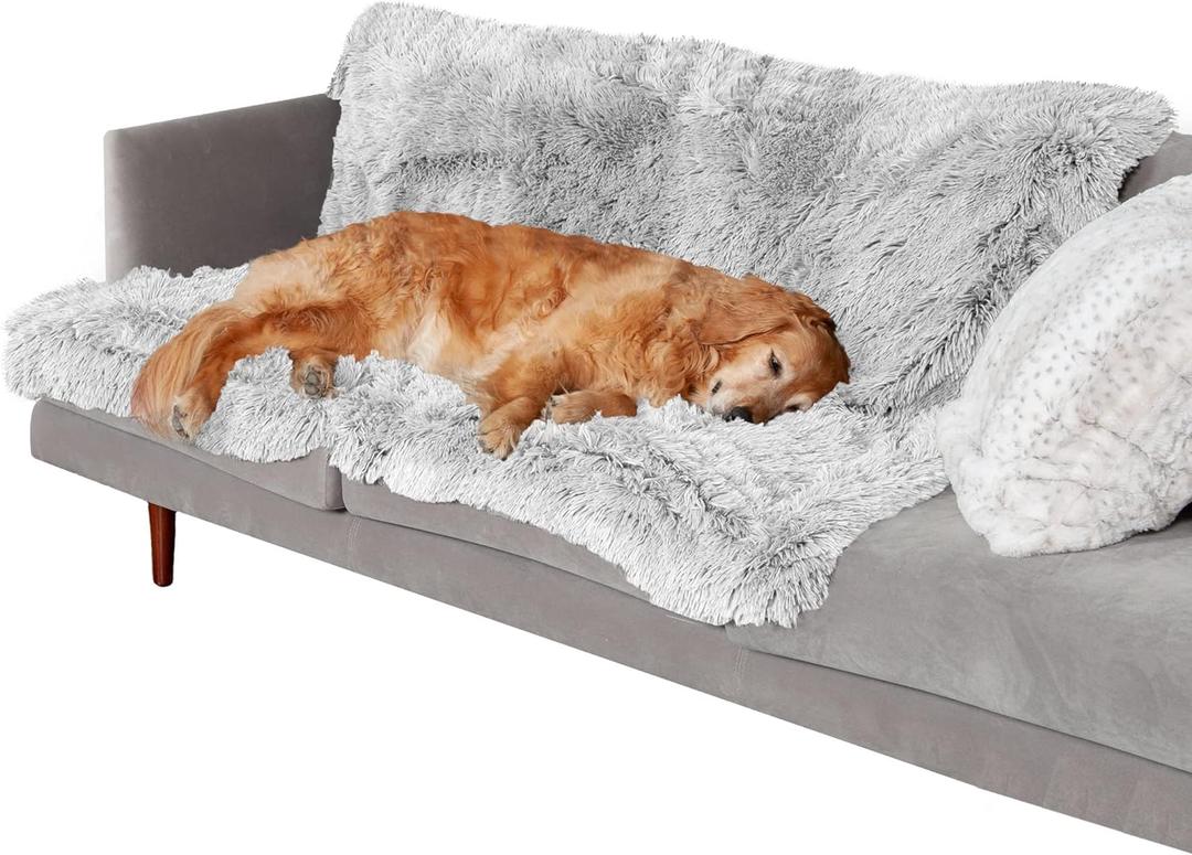 Furhaven Waterproof Throw Blanket for Dogs & Indoor Cats, Washable - Shaggy Plush Calming Long Faux Fur & Velvet Dog Blanket - Mist Gray, Extra Large/XL (60.0"L x 50.0"W x 0.3"Th)