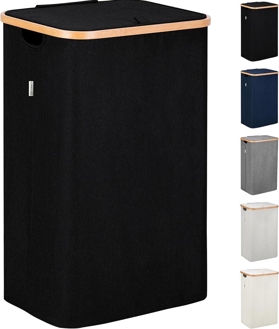 LONBET Laundry Basket with Lid, Made from Breathable Fabric | Aesthetic Clothes Hampers for Laundry with Side Handles & Sturdy Bamboo Frame (26 Gallons - Single, Black)