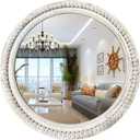 Rustic Round Wall Mirror, 24 Inch Wood Circle Mirror with Beads, Decorative Farmhouse Mirror for Living Room, Bedroom, Kitchen, Entryway (White)