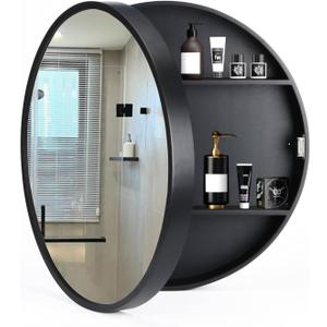 Medicine Cabinet Bathroom Space Saver Storage Round Cabinets with Mirror Surface Wall Mounted Solid Wood Circular Frame 3 Level (Color: Black, Size:20 Inch x 20 Inch
