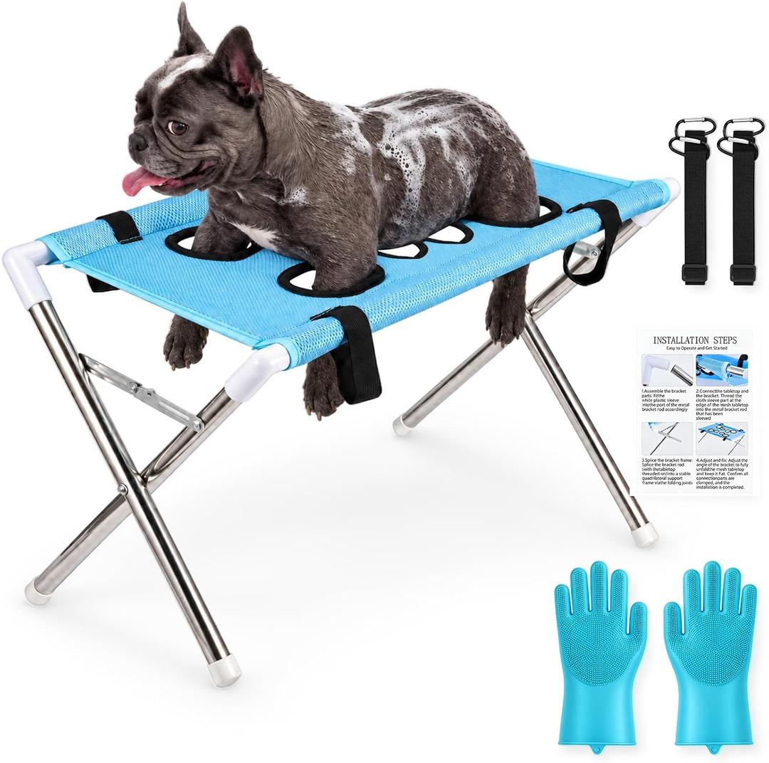 Dog Grooming Hammock Stand, Foldable Pet Bath Hammock with Mesh Sling | Freestanding Pet Shower Holder for Small Dogs & Cats, 8-Hole Washable Mesh for Bathing, Nail Trimming and Brushing, Blue