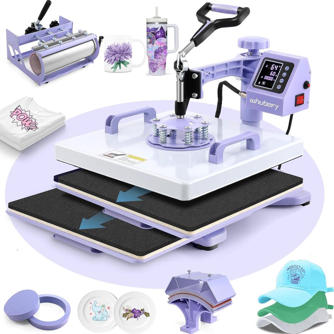 Whubefy Heat Press 15x15, 5 in 1 Heat Press Machine with 30oz Tumbler Sublimation, Shirt Press, Hat Press, Slide Out Press Machine, Pro 360Swing Digital Heat Transfer Combo for Shirt Cap Mug Plate