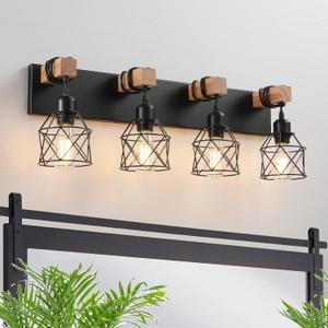 Farmhouse Vanity Light Fixture,4-Light Bathroom Lighting,Black Industrial Wood Wall Light Over Mirror with Metal Shade,LED Bulbs Not Included