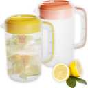 2 Pack 1 Gallon Plastic Straining Pitcher with Lid - Large Water Pitcher with Handle and Measurements for Cold Drinks and Iced Tea - Pink, Yellow