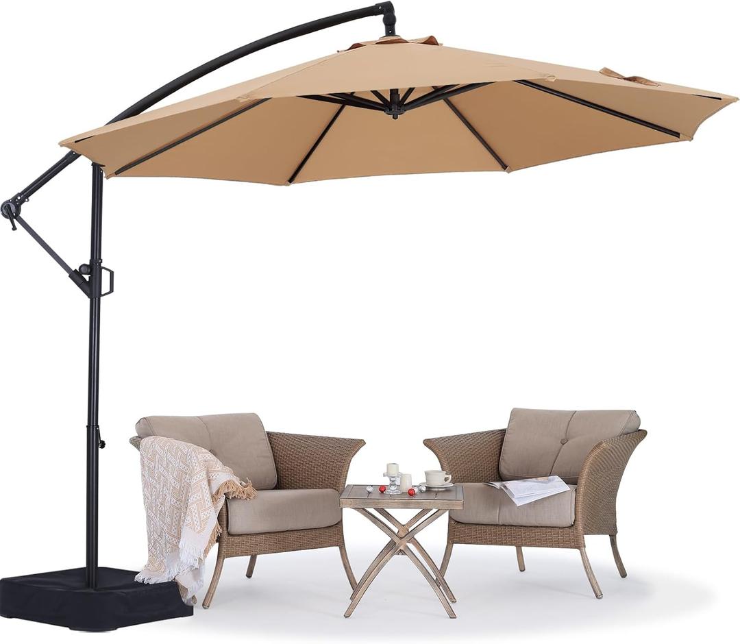 ABCCANOPY 10FT Cantilever Patio Umbrella with base included, 360 Rotation Outdoor Offset Umbrella Bonus Fix Frame & Weights Bag for Backyard, Deck, Poolside (Khaki)