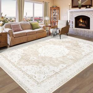 Vintage Living Room Area Rug - 8x10 Large Machine Washable Boho Moroccan Rug Distressed Farmhouse Rugs for Bedroom - Soft Non-Slip Indoor Carpet for Dining Room Office Nursery(Boho Beige, 8'x10')