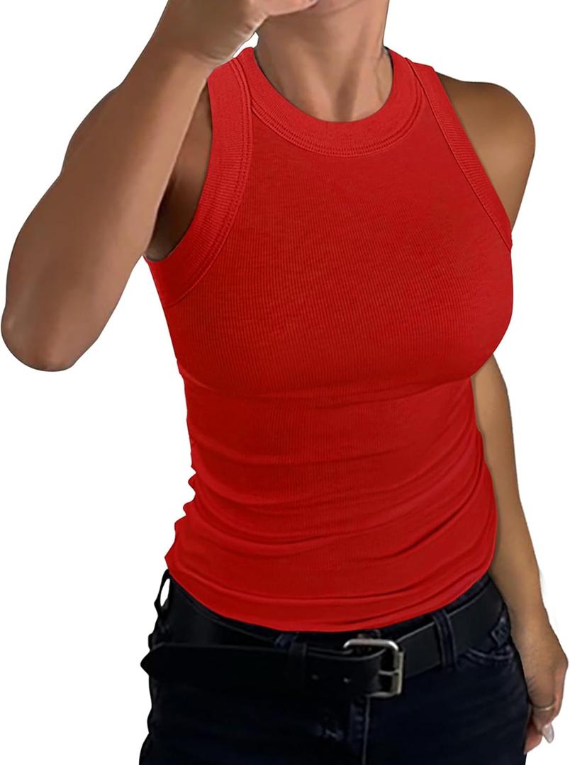 GEMBERA Womens Sleeveless Racerback High Neck Casual Basic Cotton Ribbed Fitted Tank Top (Large, Red)