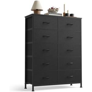 Sweetcrispy 10 Drawer Fabric Dresser Storage Tower with Bins, Tall Chest Organizer for Bedroom Closet Hallway, Steel Frame Wood Top Easy Pull Handles,Black