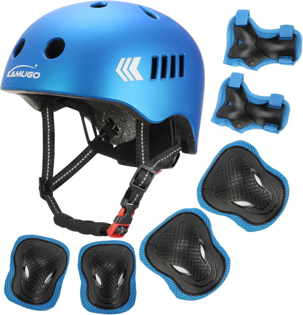 KAMUGO Kids Bike Helmet Set, Toddler Helmet for Ages 2-8 Boys Girls with Sports Protective Gear Set Knee Elbow Wrist Pads for Skateboard Cycling Scooter Rollerblading (Blue)