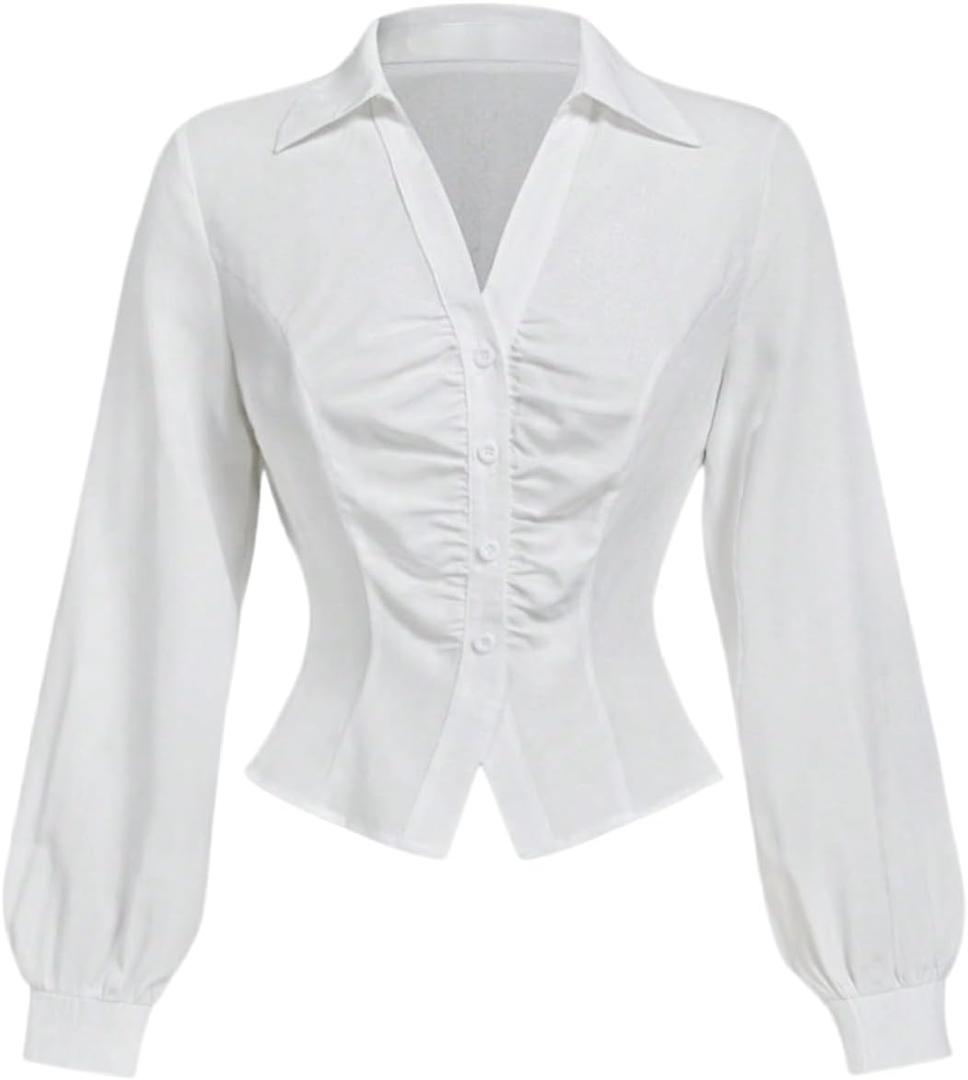 SweatyRocks Women's Ruched Button Down Shirts Lantern Long Sleeve Collered Dressy Blouses (White), S