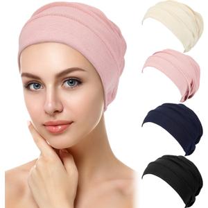 Syhood 4 Pieces Slouchy Beanies Hats Soft Polyester Sleep Cap Stretchy Sleeping Cap Headwear for Women (One Size, Black, Navy, Pink, Beige)