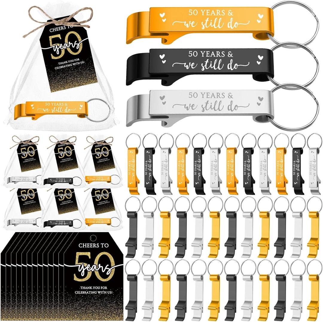 Reallnaive 50 Sets 50th Birthday Party Favors for Guest We Still Do 50 Years Bottle Opener Keychain Thank You Cards and Bags 50th Wedding Anniversary Souvenirs Return Gift