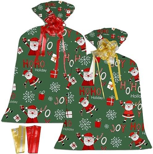 2 Pcs Large Santa Claus Gift Bags Oversized Big Christmas Bags 48"x 36" with 2 Pcs Pull Bows for Christmas Big Gifts Presents Wrapping Kids Bicycle Bags, Birthday, Party, New Parents Baby Shower