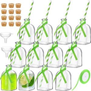 Baderke 12 Pcs Glass Bottles with Cork and Straw 4 oz Mini Empty Glass Bottle for Drinks Reusable Liquor Bottles with Silk Ribbon and Funnels for Cocktail, Wedding Party(Green)