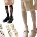 CHUNFO Sheer Socks Womens Floral Embroidered Flower Calf Knee High Cute Ankle Vintage Sock Thin Size 5-10.5 (One Size, 2 Pack, Black, White)