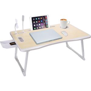 Laptop Bed Table, Laptop Desk for Bed, Foldable Laptop Bed Desk with USB Charge Port, Handle, Desktop Card Slot, Cup Slot, Side Drawer, Laptop Table Portable Notebook Stand for Eating Reading Working (White Maple)