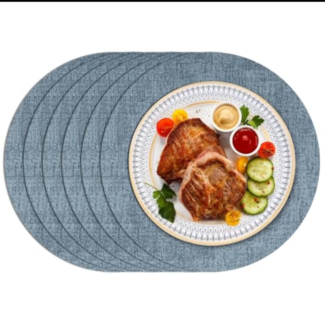 Round Placemats Set of 6, Faux Leather Heat Resistant Place Mats Reversible Waterproof Oil-Proof Non-Slip Wipeable Mat for Kitchen Dining Table Indoor Outdoor, Sky Blue