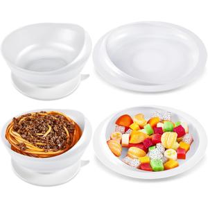 Hushee Adaptive Spill Proof Scoop Bowl and Plate Set with Suction Base Non Skid Self Feed Dinnerware for Elderly Disabled Handicapped from Parkinsons, Dementia, Stroke, Tremor(2 Sets,White)