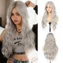 BrittyHair Gray Wigs for Women 26 Inch Long Gray Wig with Bangs Long Curly Synthetic Wigs Natural Looking Heat Resistant Wavy Wig for Daily Party Halloween Cosplay Use