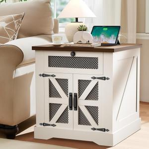 HAIOOU Farmhouse End Table with Drawer, 25" Large Sofa Side Tables with Charging Station, Barn Door and Adjustable Storage Shelf, Rustic Wood Square Nightstand for Living Room, Bedroom, White & Brown