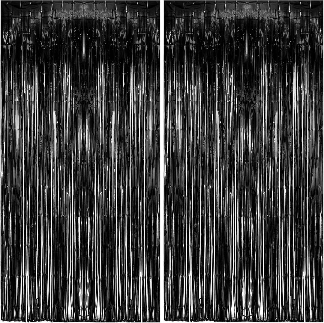 2 Pack Foil Curtain Backdrop Black Metallic Tinsel Foil Fringe Curtains Photo Booth Props for Birthday Wedding Engagement Baby Shower Bachelorette Christmas Holiday Celebration Party Decorations