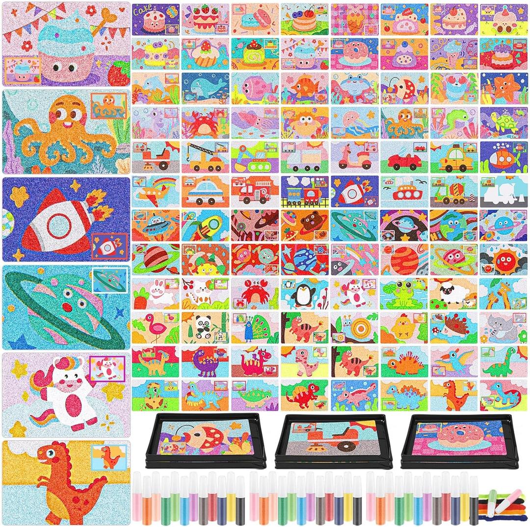 Tenceur 173 Pcs Kids' Sand Art Kits Color Sand Art Pictures Peel and Stick 12 Color Kit Painting Board Painting Tray Brush Bottles(Transportation, Animal, Dinosaur, Universe, Underwater, Dessert)