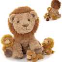 Lion Stuffed Animal Set, Mother Lion Plush with 3 Baby Lions in Mommy's Zippered Back, Wild Animal Stuffed Toy for Kids Boys Girls, Christmas Birthday