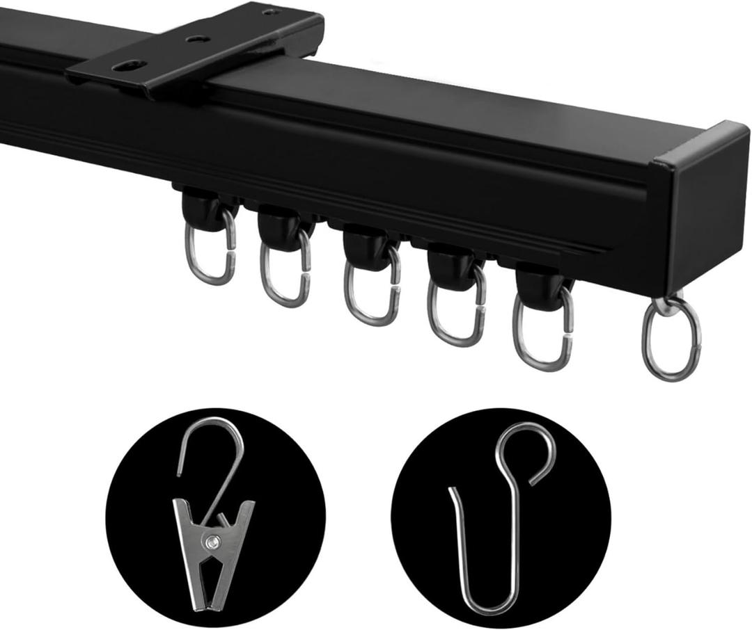 Ceiling Mount Curtains Track Room Divider Privacy Partition Separator Curtain Tracks Rods Heavy Duty RV Shower Outdoor Rail Clip Hook Set, Black 3-9ft