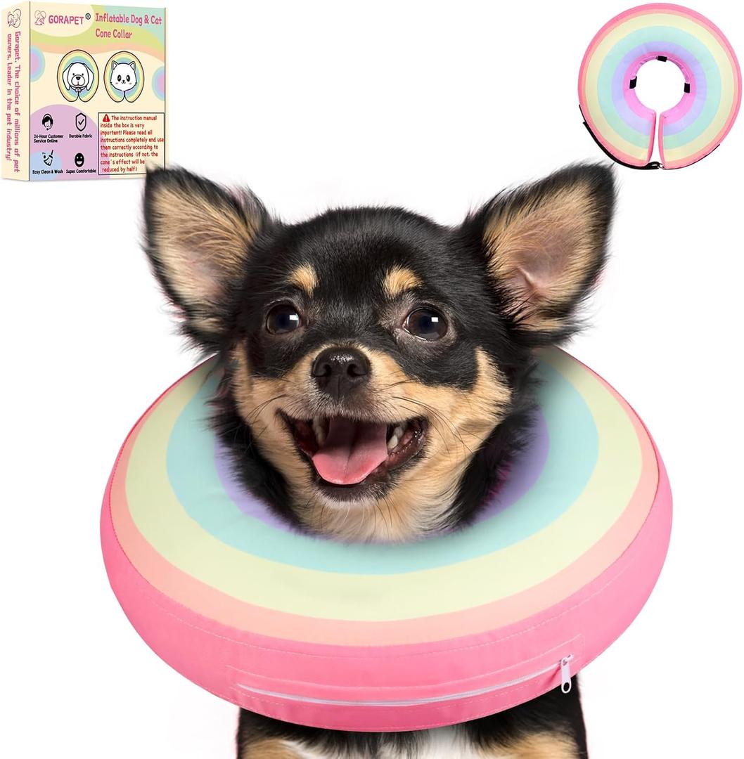 Inflatable Dog Cone Collar Alternative After Surgery, Soft Donut Neck Cone for Yorkshire Pomeranian Small Dogs & Adult Cat, etc, Comfortable Protective E Collar Recovery Cone Not Block Vision (Small Sized(Neck:6.7-10.2in), Rainbow)