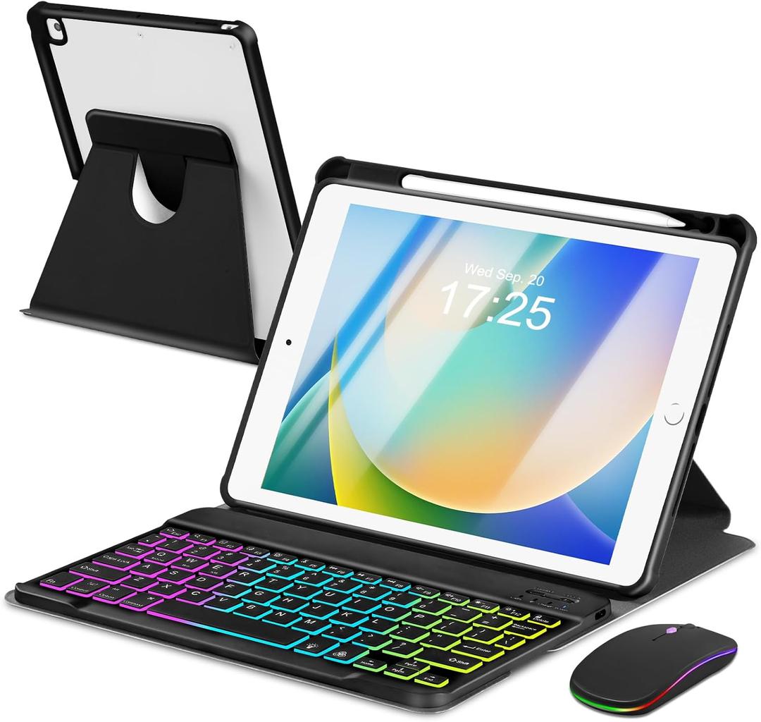 Case with Keyboard Mouse for iPad 9th 8th 7th Generation 10.2 inch,7 Rainbow Backlit Detachable Wireless Keypad Rotatable Magnetic Cover with Pencil Holder for iPad Air 3rd Gen/Pro 10.5 Black