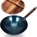 14 Inch Hand Hammered Carbon Steel Wok, Round Bottom Traditional Chinese Wok with Wooden Handle & Lid, Uncoated Non-Stick Wok for Home Cooking, Camping & Gift