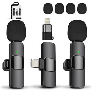 New Mini Wireless Microphone for iPhone iPad Android,Lavalier Microphone for Video Recording,2 Pack iPhone Mic Crystal Clear Recording with USB-C for Podcast Microphone,4 Extra Windscreens