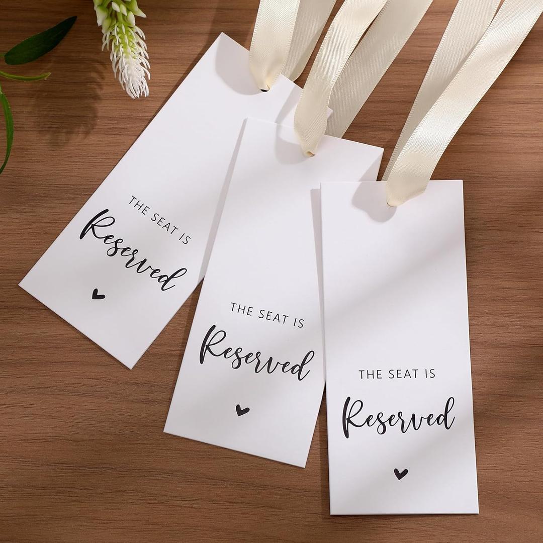 24 Pcs Reserved Seating Tag with Ribbon Wedding Chair Tags Signs for Wedding Ceremony Reserved Seat Sign Hanging with Ribbon for Important Events Church Pews Ceremony Seating (Beige)