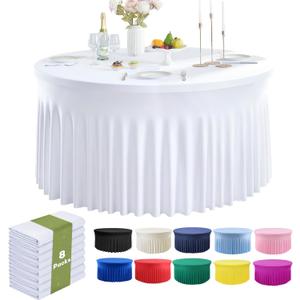 Outpain 8 Pack Spandex White Round Tablecloth for 72 inch Table, Stretchy 132inch Fitted 6FT Round Table Cloths, Wrinkle Free Table Cover with Skirt for Wedding Party Dining Banquet (72inch(8Pack))