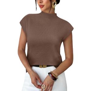 Sampeel Womens Short Sleeve Sweater Mock Neck Summer Top Dressy Casual Basic Knit Pullover Shirt (Brown, S)