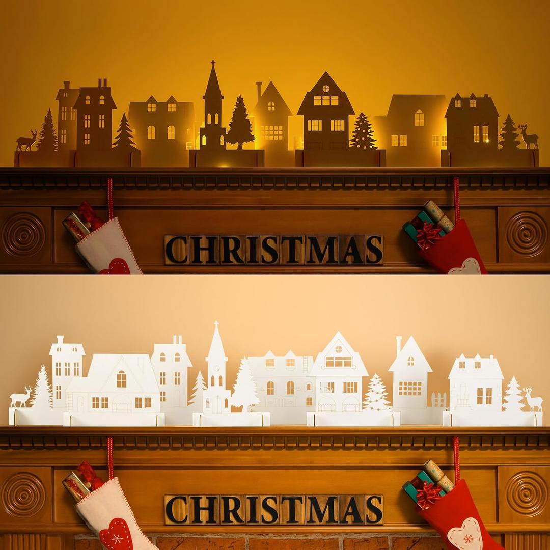 Large Wood Christmas Village Houses Set Light up Village with Light DIY Christmas Ornament Kits for Farmhouse Home Fireplace Tabletop, No Batteries(White,Cute Style)