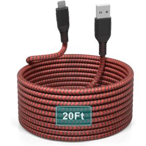 Long iPhone Charger Cord 20FT/6M [Apple MFi Certified]Lightning Cable Extra Long iPhone Charging Cord Nylon Braided Apple Charger Cable 2.4A for iPhone 13 12 11 Pro X XS Max XR/8 Plus/7 Plus/6/6s Plus (20FT USB to Lightning Cable (Red and Black))