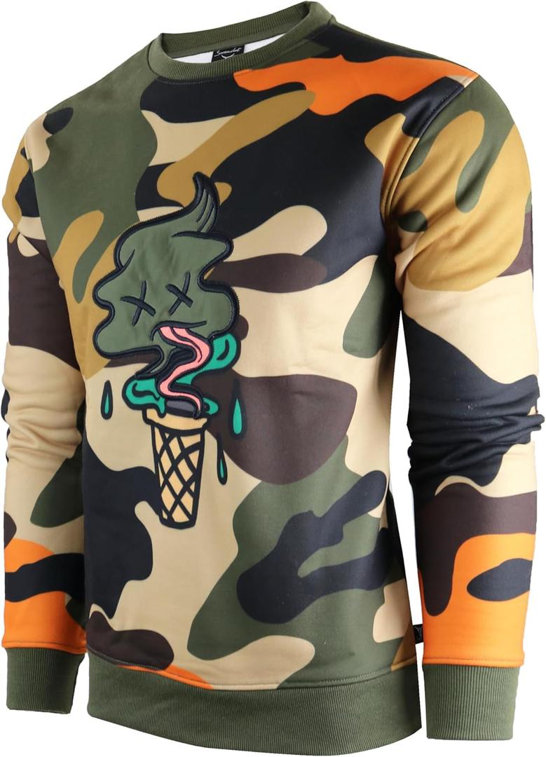SCREENSHOT-F11076 Mens Urban Hip Hop Fleece Pullover Top - I-Screen Cone Cartoon Animatin Camo Crew Neck Streetwear Sweatshirt-Olive-Medium