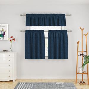 Navy Blue 3 Pieces Tier Curtains and Valance Set Kitchen Window Over Sink Linen Textured Caravan Small Short Bathroom Half Window Cafe Basement Rod Pocket 54"x18"/27"x24"