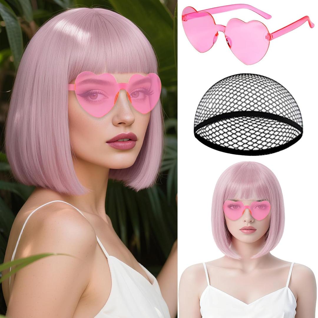 MEEZY Light Pink Short Bob Wigs Straight Hair with Flat Bangs Heart Sunglasses for Women, Colorful Funny Cosplay Daily Party Neon Wig Synthetic Natural As Real Hair Carnival Halloween Costume