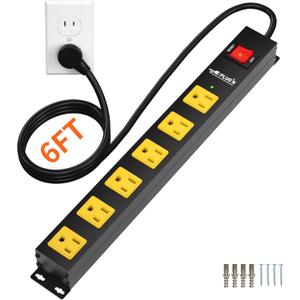 Power Strip 2700J Surge Protector, 6 Outlet Heavy Duty Power Strips with Flat Plug and 6FT Long Cord, Wall Mountable Metal Outlet Strip for Desk, Garage, Workbench and Kitchen
