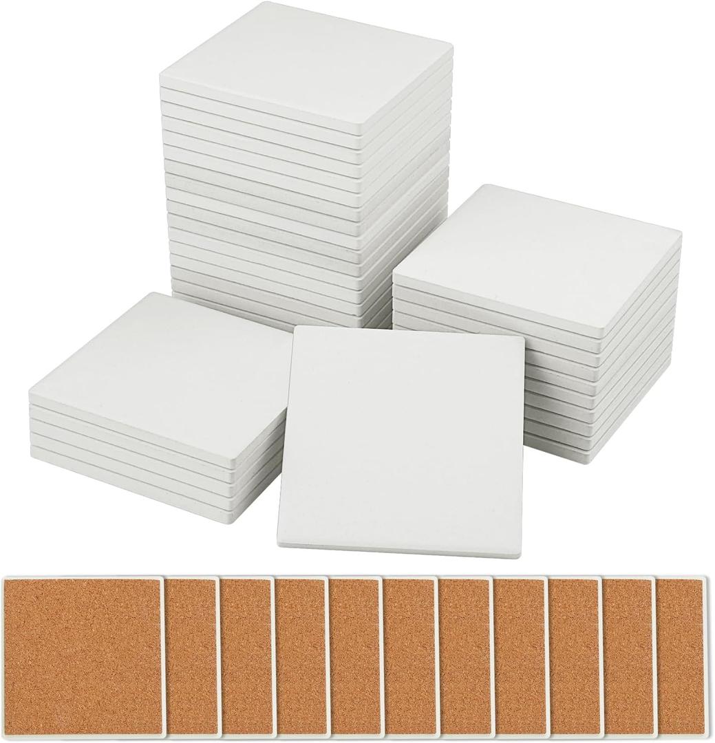 35 Pieces 4 Inch Blank Ceramic Coasters, Unglazed Ceramic Tiles Coasters, Ceramic Tiles with Cork Backing Pads for Painting, DIY Crafts, Mosaics, Square, White by GNIEMCKIN